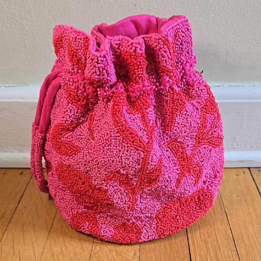 NWT, kate spade new york x Target, Beaded Rose Drawstring Bucket Bag, Pink/Red